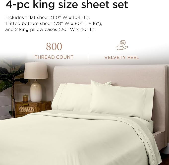 Threadmill Luxury 800 Thread Count King 100% Cotton Sheets - Ivory Sateen Weave Bed-Sheets, Better Than Egyptian Cotton, 4 Pc Solid Soft Bed Set, Fits 16" Deep Pocket
