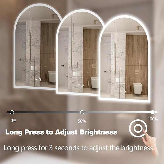 Niccy Arched LED Bathroom Mirror, 40"x30" Arch Frameless Frontlit & Backlit Mirrors for Wall, Arched Lighted Vanity Mirrors with Memory Function for Bathroom Bedroom, Defogger 3 Color, Explosion-Proof