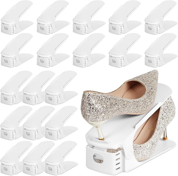 TOPNEW 20 Pack Shoe Slots Organizer Shoe Stacker for a Pair of Shoes 4 Levels Adjustable 50% Shoe Space Saver Double Layer Shoe Rack Organizer for Closet (White)