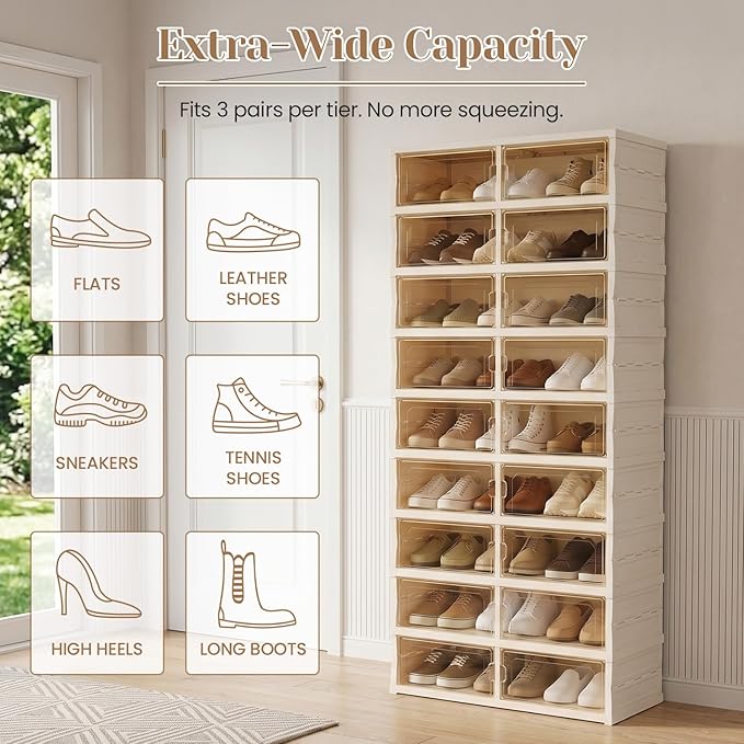Foldable Shoe Rack with Doors, Stackable Plastic Shoe Organizer, Large Clear Shoe Storage Boxes for Closet and Entryway, Portable Collapsible Shoe Cabinet 9 Tiers, 27Pairs