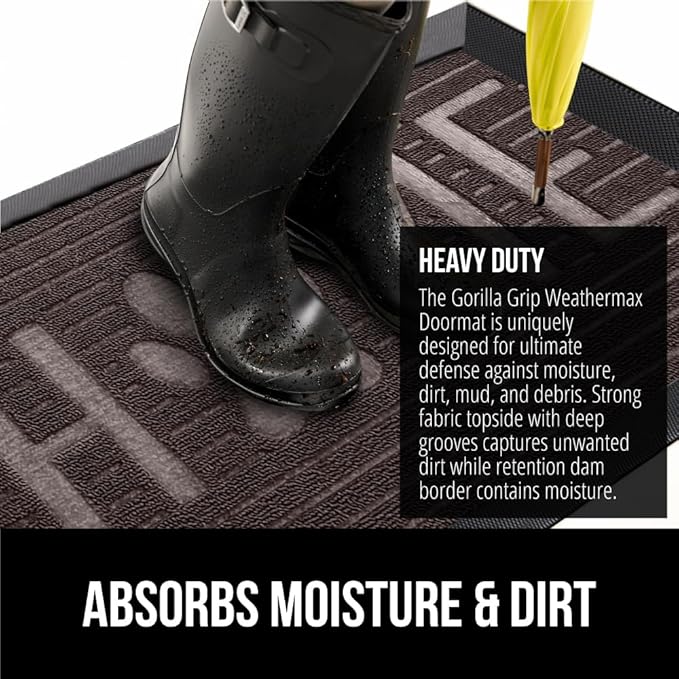 GORILLA GRIP 100% Waterproof All-Season WeatherMax Doormat US Designed Natural Rubber, Stain and Fade Resistant, Low Profile Indoor Outdoor Door Mats, Easy Clean Patio Mat, Espresso Home Paw