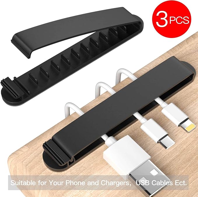 pzoz Cable Clips, 3 Pack Cord Organizer Charger Cable Management for Organizing Home Office Desk Phone Car Wire, Self Adhesive Cord Holders (Black)