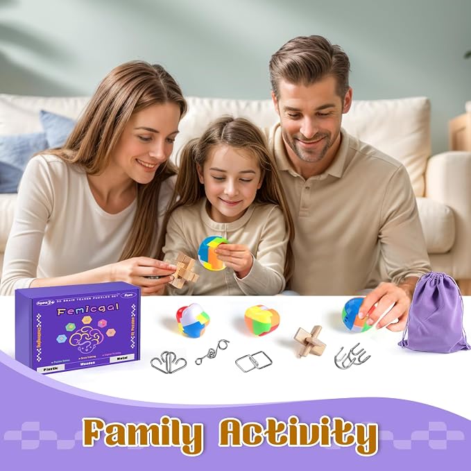 Brain Teaser Puzzles for Adults and Kids, 10Pcs Puzzle Games Set, 3D Wooden Plastic Metal Puzzle, Unlock Interlock Mind Brain Games, IQ Test Educational Toy