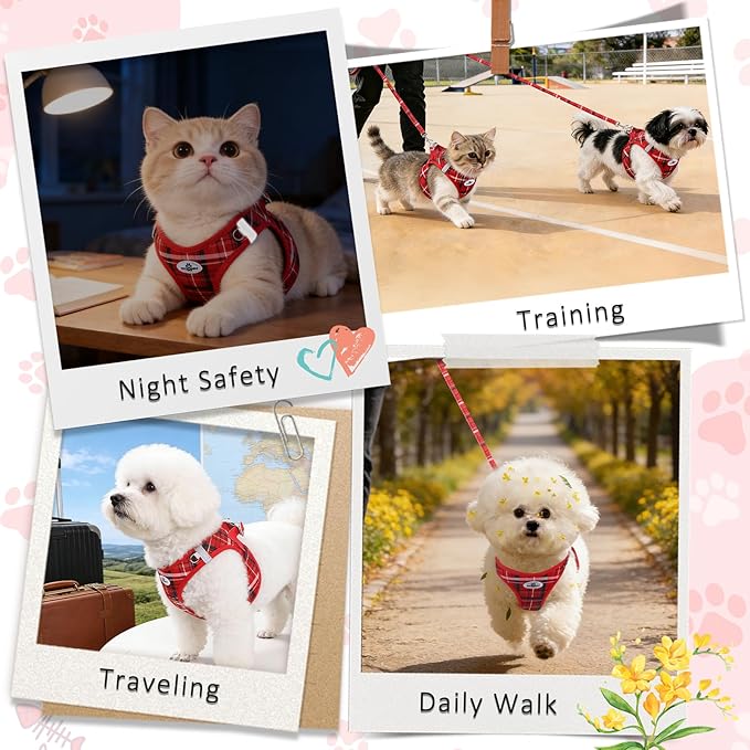 Gyuzh No Pull Dog Harness - 3-in-1 Step in Harness Collar Leash Set for Small Dog Walking & Training, Easy Walk Style, Lightweight Plaid Vest (Red, M)