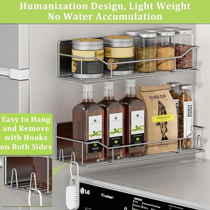 Magnetic Spice Rack for Refrigerator, 9 Pack Magnetic Fridge Shelves W/Adjustable Paper Towel Holder, Hook Rack, Moveable Spice Organizer Shelf for Kitchen Organization and Storage (Grey)