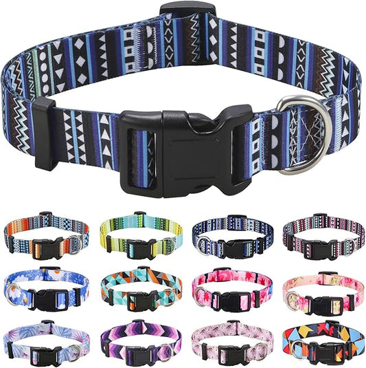 Dog Collar with Bohemia Floral Tribal Geometric Patterns - Soft Ethnic Style Collar Adjustable for Small Medium Large Dogs（Bohemian Blue,L）