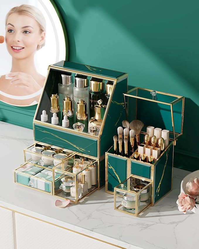 Makeup Organizer Green– Large Vanity Organizer for Skincare, Lipsticks, Perfume & Brushes – Countertop Cosmetic Storage Box for Women, Bathroom or Dresser.