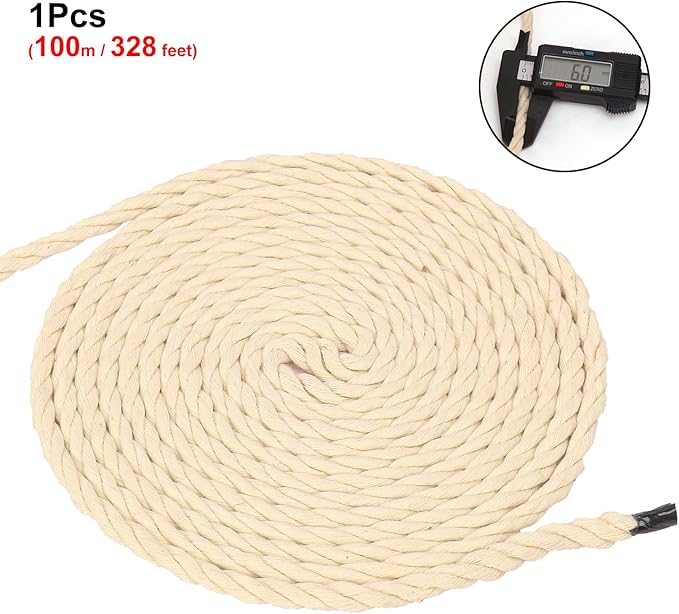 1/4 Inch Diameter White Cotton Rope 328 Feet Rope Composed of Four Strands of Cotton Rope, Soft and Thin Rope for Crafts, Clothesline and Home Interior Decoration