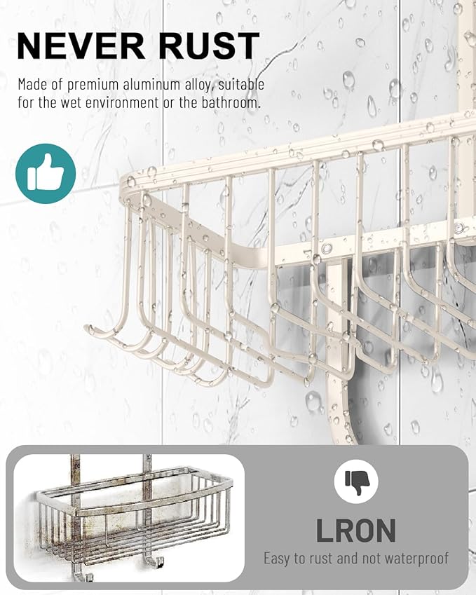 Shower Caddy Hanging - Never Rust Shower Hanging Organizer - Aluminum Over the ShowerHead Caddy with Soap Basket and 6 Hooks for Razor/Sponge (Milky White)