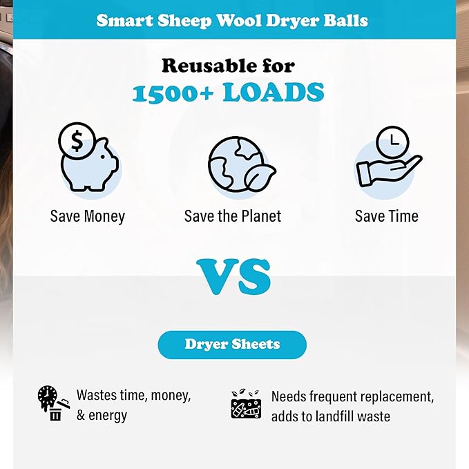 Smart Sheep Wool Dryer Balls - 6-Pack - XL Premium Natural Fabric Softener Award-Winning - Wool Balls Replaces Dryer Sheets - Wool Balls for Dryer - Laundry Balls for Dryer