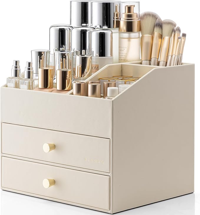 Vlando Makeup Organizer for Vanity,Large Capacity Countertop Organizer with Drawers, PU Leather Cosmetic Display Case for Lipstick,Brushes,Skincare,Bedroom Storage (Beige)