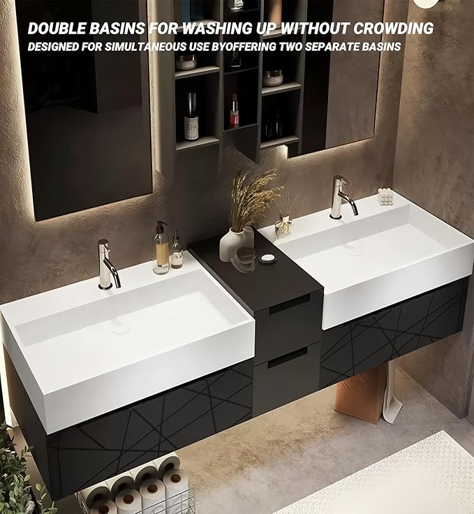 Double Bathroom Vanity with Sink, Floating Modern Bathroom Vanity Set Includes LED Smart Defogging Mirror and Open Storage Wall Cabinet, Solid Wood Bathroom Cabinet with Large Drawer (Apricot, 64")