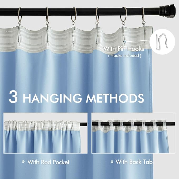 MIULEE Sky Blue Back Tab Blackout Curtain 96 Inch Long 2 Panels Set