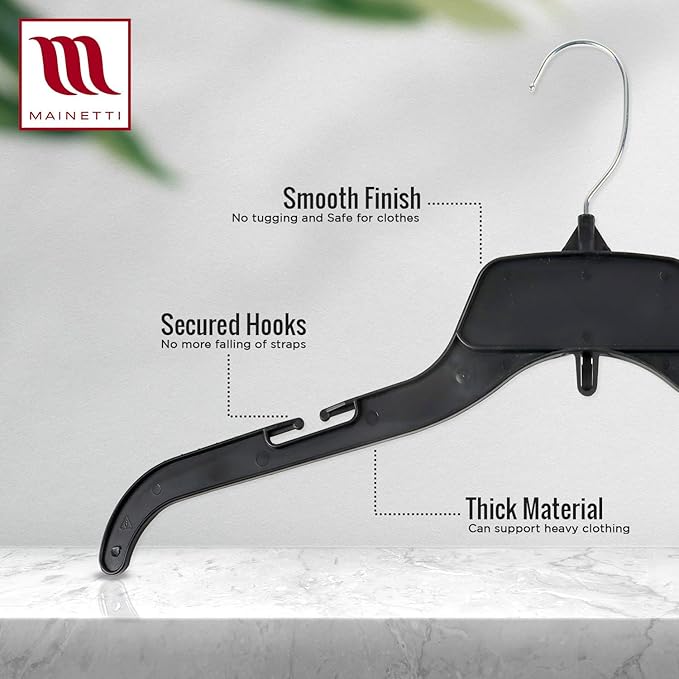 Mainetti 484 Recycled Black Plastic Hangers - 200 Pack with Rotating Metal Hook and Notches for Straps, Great for Shirts/Tops/Dresses, 17-Inch