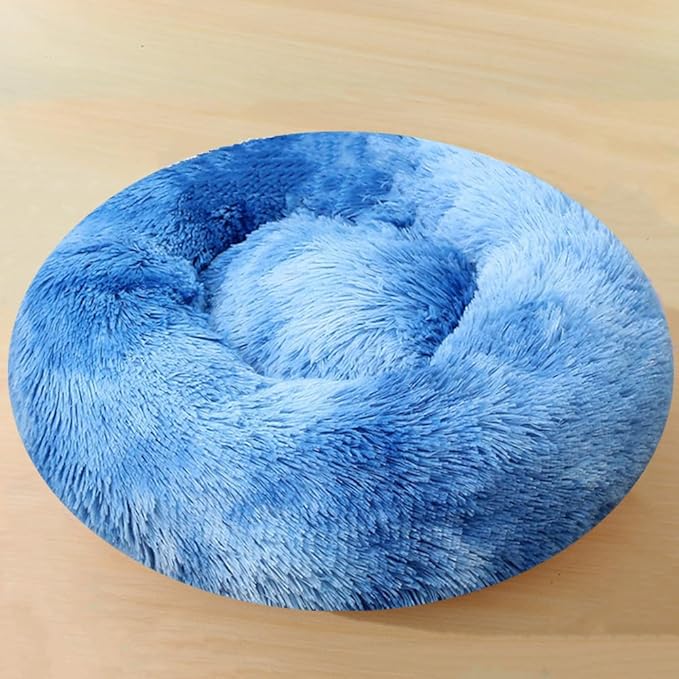 Calming Dog & Cat Bed, 24 Inch Anti-Anxiety Donut Cuddler Cat Bed with Anti-Slip Bottom, Washable Round Fluffy Pet Bed for Small Medium Dogs and Cats (Blue White)