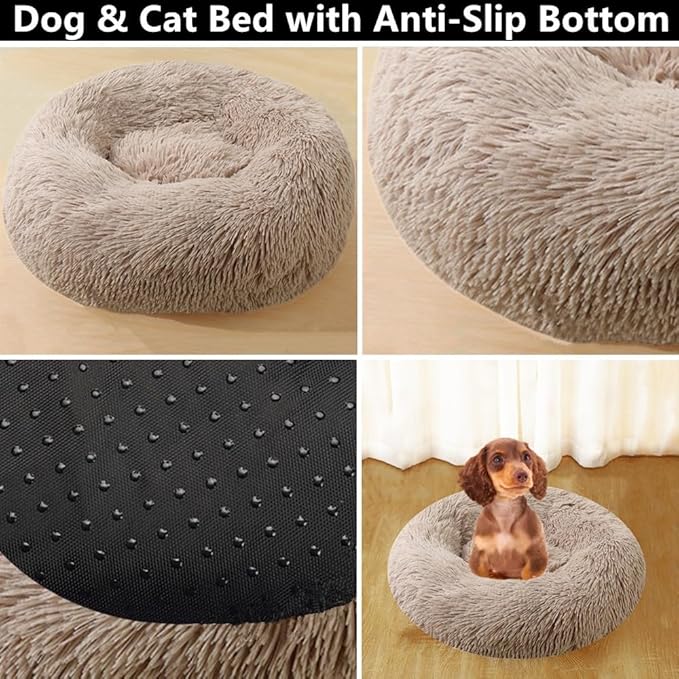 Calming Small Dog Bed Cat Bed, 36 Inch Donut Fluffy Anti-Anxiety Round Bed Washable Cute Bed, Cuddler Warming Cozy Soft Bed, Plush Cushion Bed for Small Medium Dogs and Cats (Blue White)