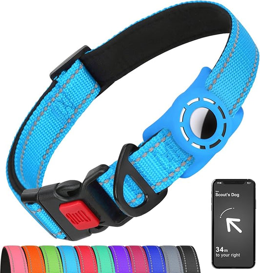 Airtag Dog Collar with AirTag Holder for Medium Dogs, Reflective, Soft Padded & Safety Locking Buckle, Nylon Pet Collars Adjustable for All Breeds, SkyBlue,M