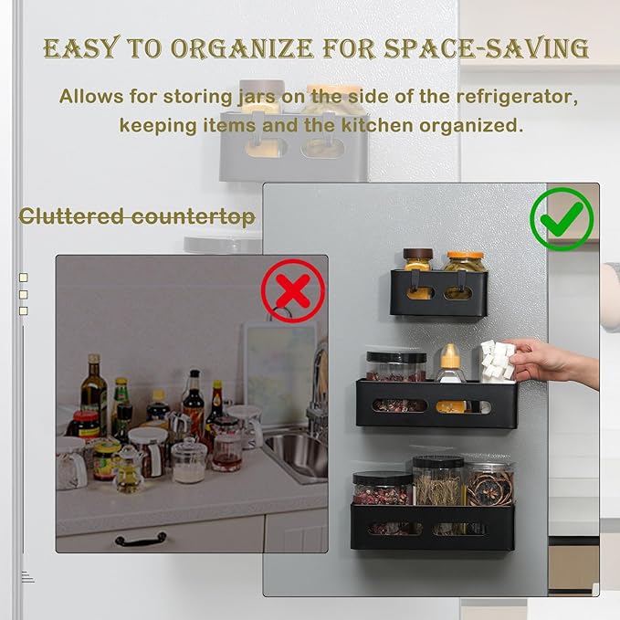 Magnetic Spice Storage Refrigerator Rack Seasoning Organizer Wall-Mounted Shelf with Hook for Kitchen Bathroom Organization (4, Black)