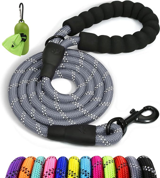 Taglory Rope Dog Leash 6 FT with Comfortable Padded Handle, Highly Reflective Threads Leash and Anti-Tangle Clip for Walking Medium Large Dogs, 1/2 inch, Grey