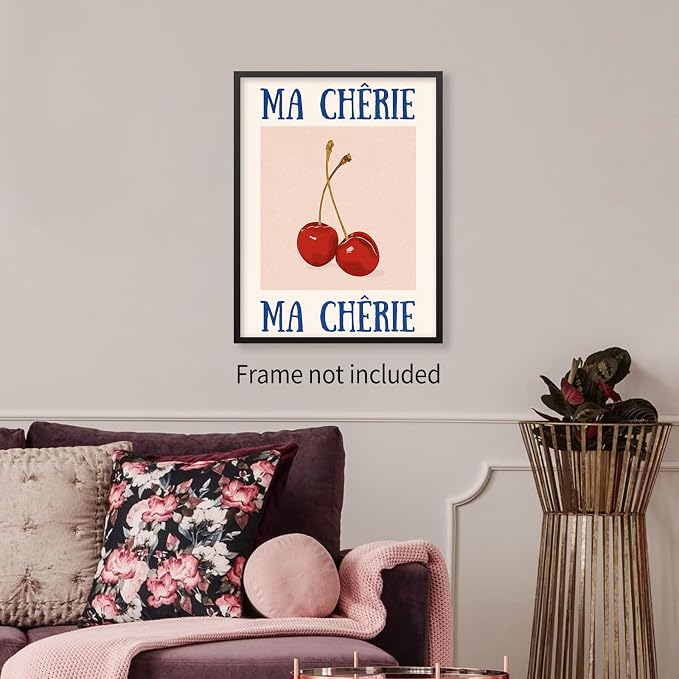 jkahh Funky Cherry Wall Art Vintage Red Blue Aesthetic Poster Trendy Ma Cherie