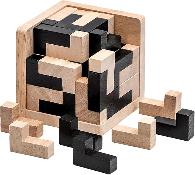 Wooden Brain Teaser Puzzle Skills Builder Shape Pieces Educational Toy for Kids and Adults (Black and Natural L Shape)