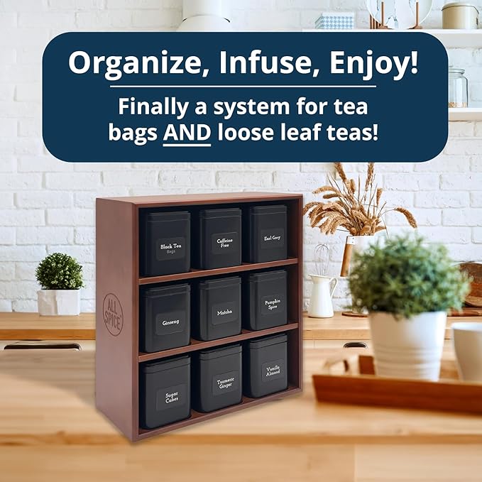 AllSpice Tea Organizer Rack with 9 Tins & 160 Magnetic Labels – Perfect for Bagged & Loose Leaf Tea Organization - Walnut