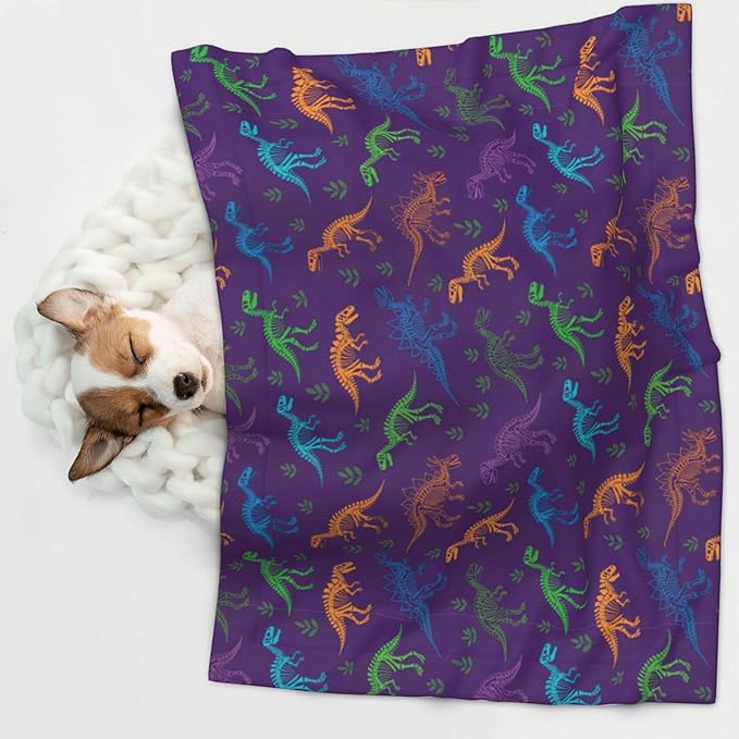 Dog and Cat Blanket in One, Cool Dinosaur Purple, Double Sided Plush Throw with Raised Dot Pattern on One Side and Flat Velvet on Other for Variety