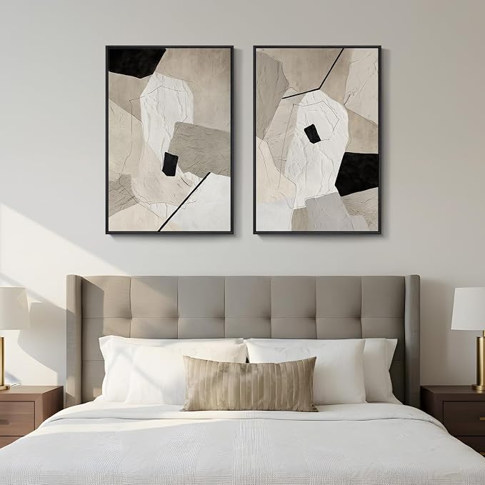 Framed Neutral Beige and Black Abstract Wall Art