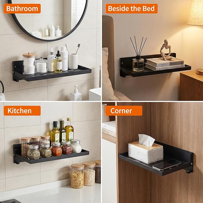 2 Pack Black Folding Wall Shelf with Hooks, Fold Down Wall Mounted Shelf – Space Saving 90° Foldable Shelves for RV, Camper, Bathroom, Kitchen, Garage, Laundry & Utility Room Storage (12”x6”)