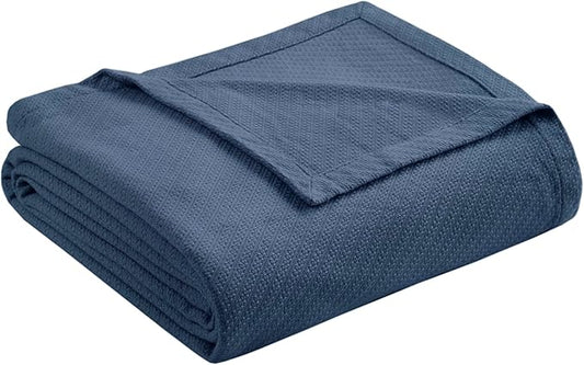 Madison Park Liquid Cotton Blanket Breathable, Softer Ring Spun Weave, Diamond Motif, Luxurious 100% Cotton All Seasons Lightweight Summer Blanket for Bed, Couch, Office, Navy, Full/Queen