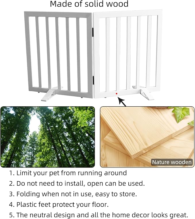 ZJSF Freestanding Indoor Dog Gate for House Foldable Wood White Puppy Gate for Doorways Pet Gate for Stairs Extra Wide Pet Fence 24" Height 2 Panels