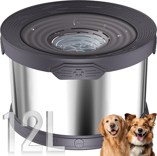 UPSKY Dog Water Bowl No Spill 12L Stainless Steel, 3.17 Gallon Large Capacity Spill-Proof Dog Bowls, Non-Slip Slow Drinking Anti-Splash Bowl for Large Messy Drinkers, No Mess Indoor/Outdoor Use, Gray