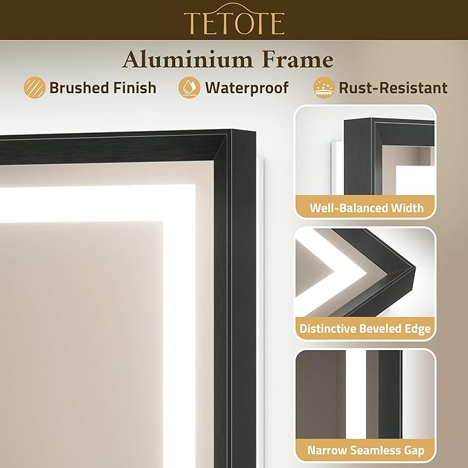 TETOTE 24 x 36 Bathroom LED Mirror Brushed Black Metal Frame Frontlit & Backlit Vanity Mirror Anti-Fog Stepless Dimmable 3 Colors White/Warm/Natural Mirror with Lights Wall-Mounted