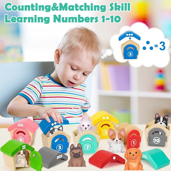 Aigybobo Learning Toys for Toddlers 1 2 3 Year Old, 20 Pcs Pet Dog Toys for Kids, Animal Counting Matching Sorting Fine Motor Educational Playset, Puppy Gifts for Baby Boys Girls Age 12-18 Months