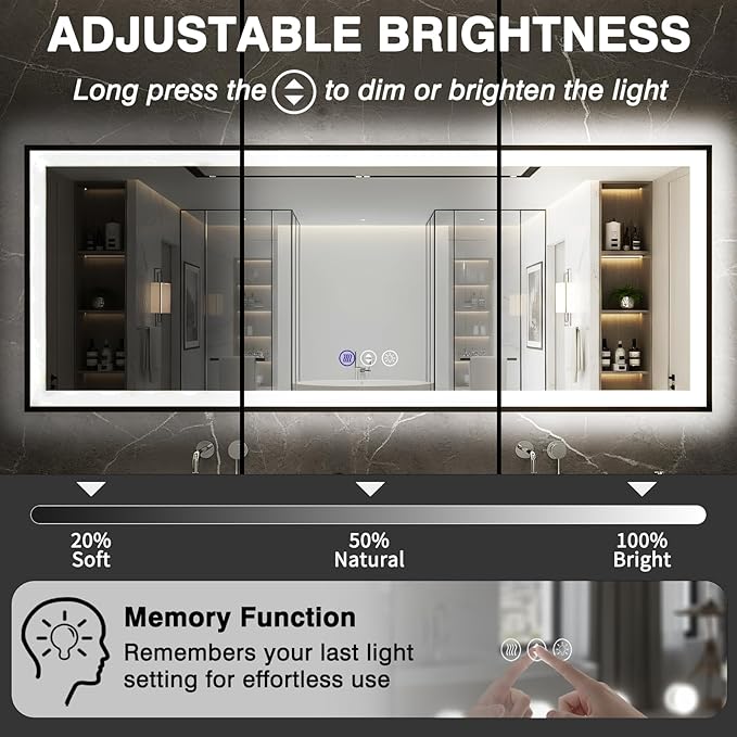 40x24 LED Bathroom Mirror for Wall, Black (Metal, Aluminum) Framed, Front Light and Backlit, 3 Colors and Dimmable Vanity Mirror, Anti-Fog, Shatter-Proof, Memory (Horizontal/Vertical)