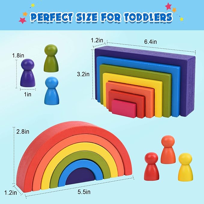 Wooden Toys, Montessori Toys for Kids 3 4 5 6+Years Old Boys Girls Rainbow Stacking Blocks Set Preschool Activites Educational Toy Gifts for Toddler-19PCS