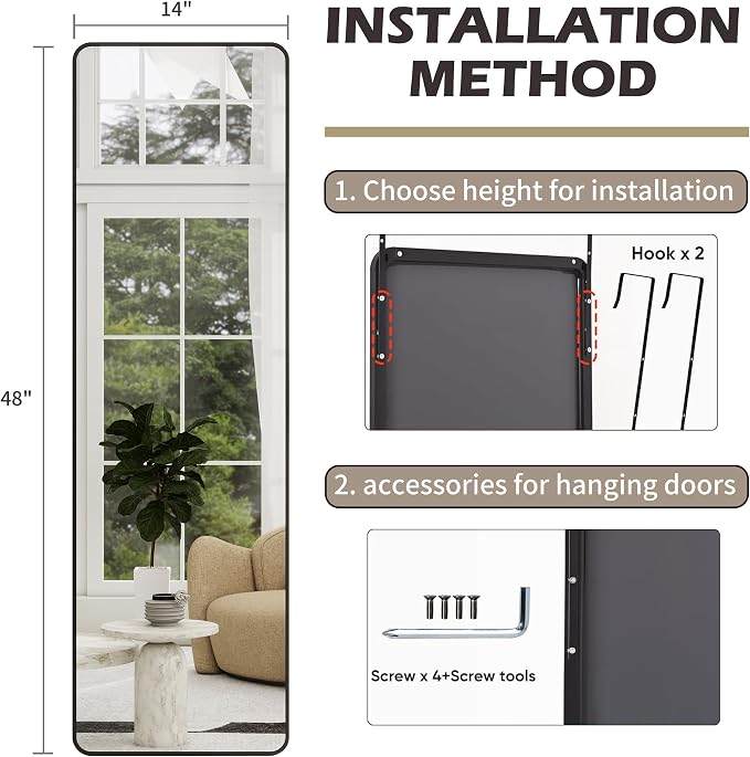 Full Length Door Mirror 14x48, Metal Frame