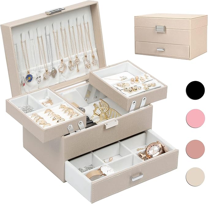 Dajasan Jewelry Box Organizer, Jewelry Boxes for Women Girls, 3 Layers Jewelry Gift Box for Christmas, Valentine's Day, Birthday, Mother's Day (Champagne)