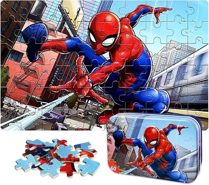60 Piece Educational Puzzles for Kids Ages 4-8 Jigsaw Puzzle Games in Reusable Metal Box, Learning Toys with Extra Thick Safe Pieces for Boys & Girls