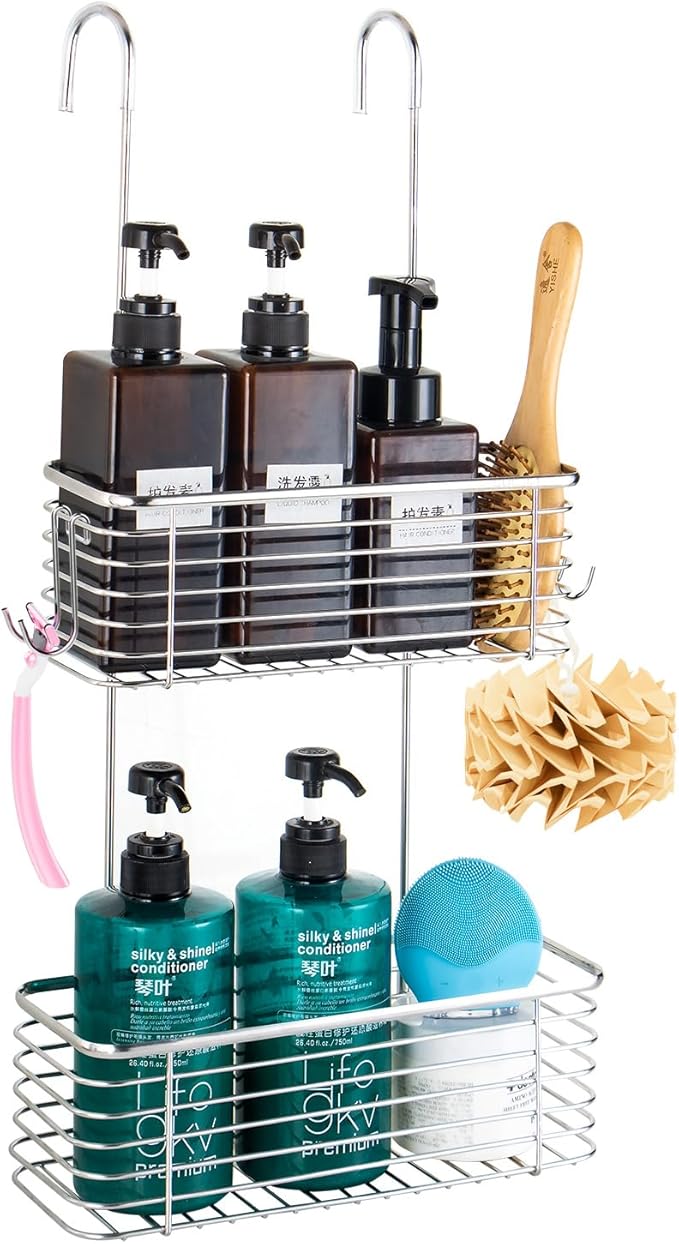 YQh Stainless steel double-layer shower rack, shower room hanging bathroom organizer, storage rack installed on the hanging bar or door, can store shampoo, hair conditioner, shower gel (double)