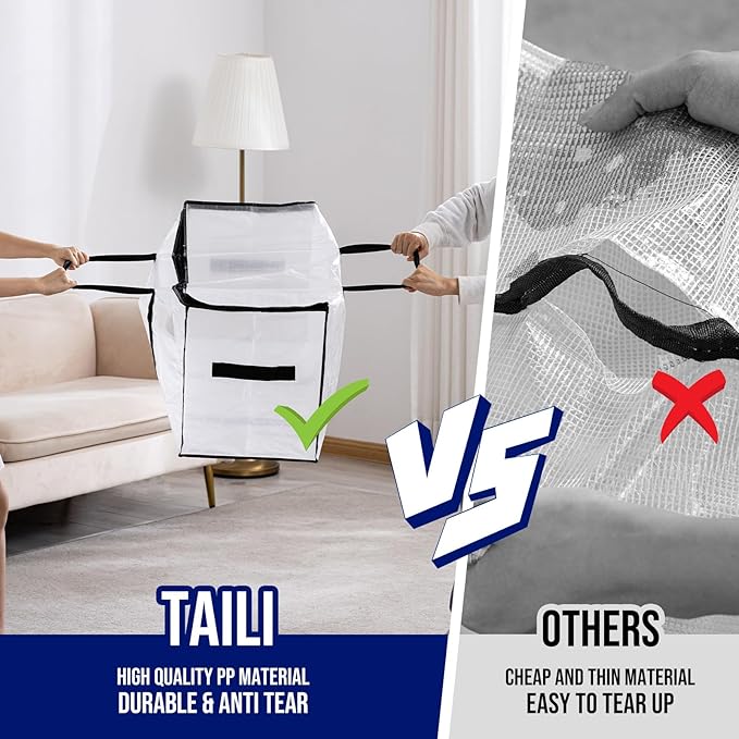 TAILI Extra Large Moving Bags, 2 Pack Clear Heavy Duty Totes for Storage with Visible Window, Wrap Around Handles, Storage Bags for Space Saving, Alternative to Moving Boxes