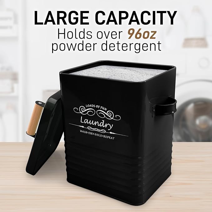 ELITAPRO Laundry Detergent Storage Container with Scoop & Lid - Modern Farmhouse Metal Powder Dispenser for Laundry Room Decor & Accessories - Organization & Storage (Black)