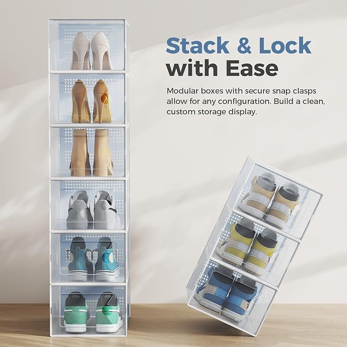 OLIXIS Shoe Storage Boxes, 15-Pack Stackable Clear Shoe Organizers with Lids, Sneaker Display and Storage Containers for Closet, Under Bed, Entryway, White