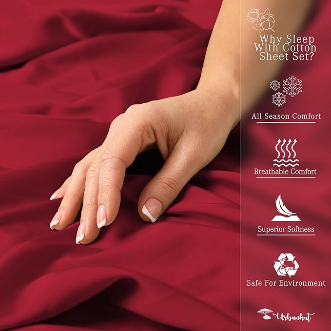 URBANHUT 700 Thread Count Egyptian Cotton King Sheets, 4Pc Sheet Set Soft Luxury Bed Sheets for King Size Bed, Sateen Weave Hotel Sheets, 16'' Elasticized Deep Pocket - Burgundy
