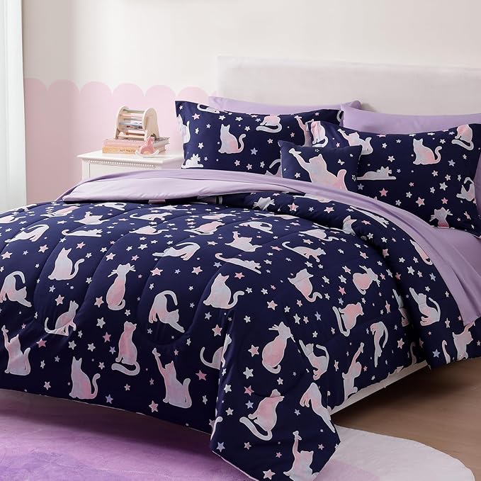 Full Size Comforter Set for Girls-7 Pieces Cute Cat Full Bedding Sets for Kids, Ultra Soft Bed in A Bag with Sheets