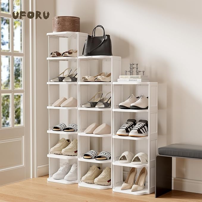 UFORU Vertical Shoe Rack, 6 Tiers Stackable Shoe Rack for Closet, Tall Standing Shoe Organizer, Small Shoe Shelf for Narrow Places Durable Plastic Construction (White)