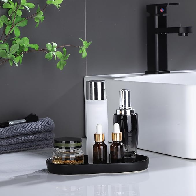 2 Pack Matte Black Round Soap Dispenser Tray - 8'' Ceramic Vanity Tray & Organizer Plate Set, Bathroom & Kitchen Countertop Decor for Soap Dispenser, Jewelry, Cosmetics, Sink
