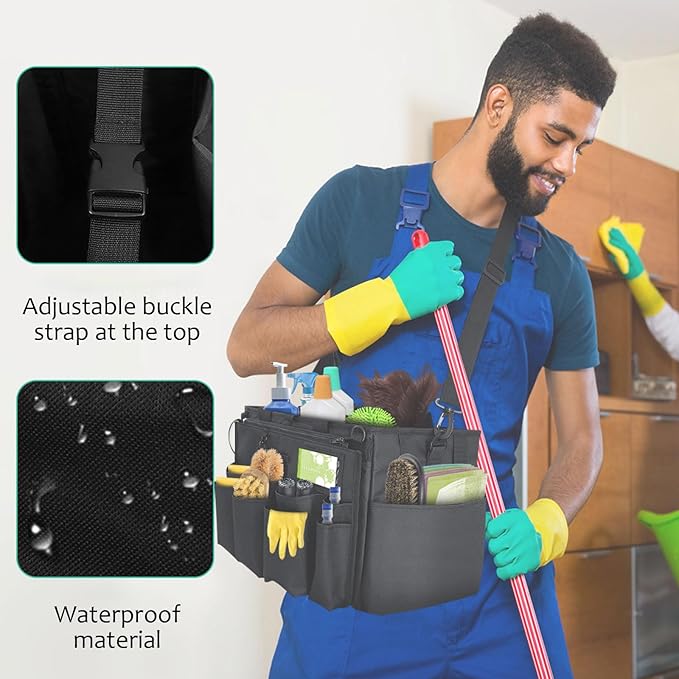 Qivine Cleaning Caddy with Handle, Cleaning Supply Caddy Foldable Tool Bag Cleaning Products Organizers Portable Cleaning Bucket Organiser for Storing Towels（Black Square）