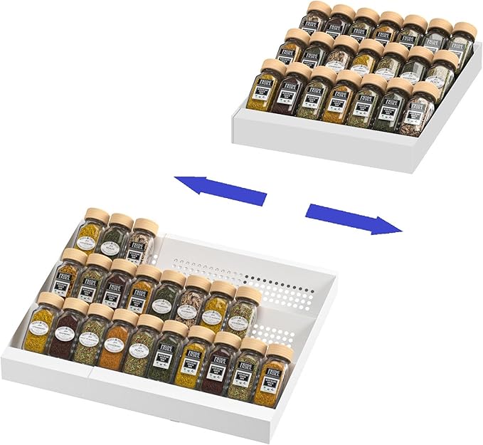 Expandable Metal Spice Drawer Organizer,3-Tier Slanted Seasoning Jars Tray for Kitchen Cabinet Drawers Insert/Countertop (Jars not included)-3Tier,2packs/White