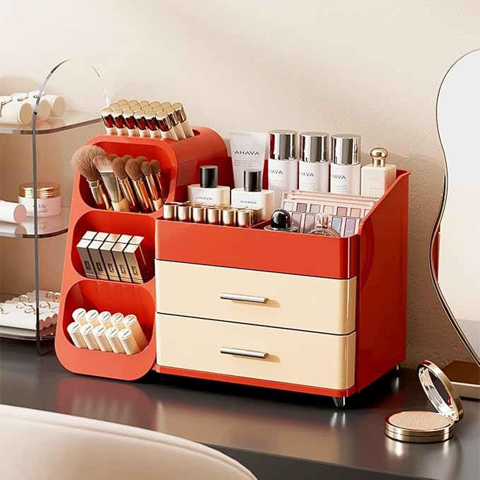 Makeup Organizer with Drawers,Large Capacity Countertop Organizer for Vanity,Bathroom and Bedroom Desk Cosmetics Organizer,Easy To Storage Skincare,Brushes,Lotions,Lipstick (Red and Cream)